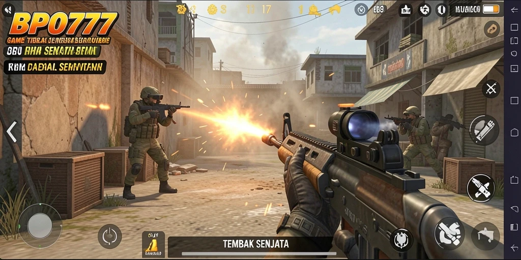 Antarmuka utama BPO777 menampilkan berbagai senjata dan pilihan permainan.