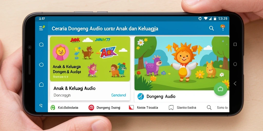 Antarmuka aplikasi JARUM77 dengan berbagai pilihan dongeng audio.