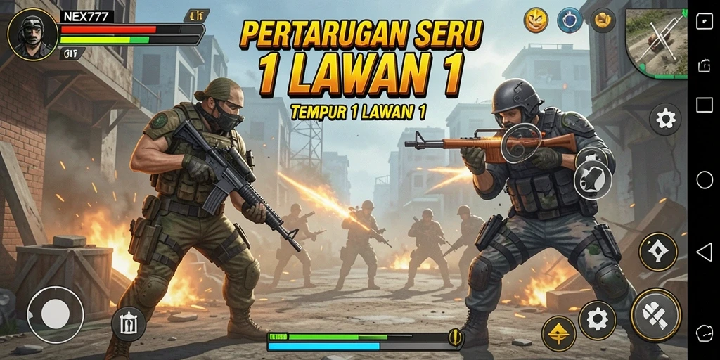Antarmuka game NEX777 yang menampilkan pertarungan 1 Lawan 1 yang intens.