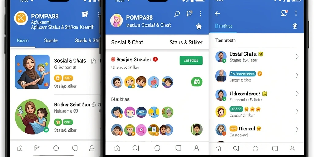 Screenshot utama aplikasi POMPA88 menampilkan stiker lucu dan status kreatif.
